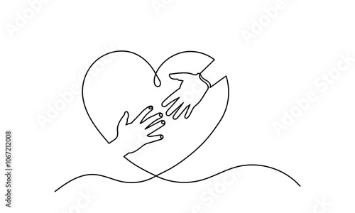 kindness care heart.Continuous line drawing of hand holding heart. protect our planet or earth, and it is humanity's responsibility to care for the concept of Kindness Day. Helping Hands in Heart 
