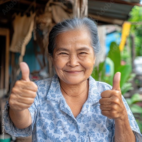 Happy Thai Woman Giving Thumbs Up Outside Home photo