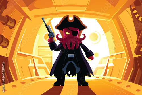 A menacing alien with multiple tentacles, wearing a tattered space pirate outfit, holding a blaster pistol.