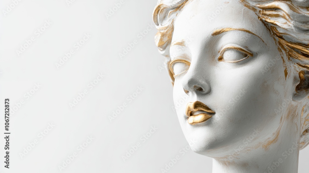 Elegant plaster copy of Venus head sculpture, isolated on a white background with golden accents to highlight its classic form Elegant plaster copy of Venus head sculpture, isolated on a white background with golden accents to highlight its classic form