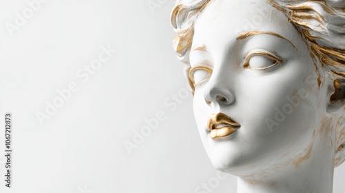 Elegant plaster copy of Venus head sculpture, isolated on a white background with golden accents to highlight its classic form