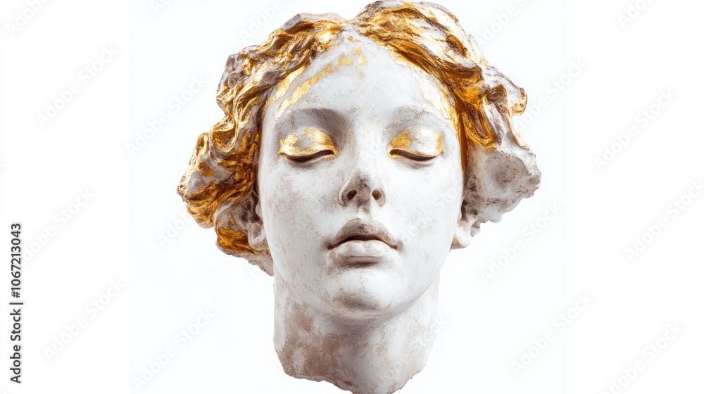 Elegant replica of ancient Venus head, plaster with golden highlights, set against a white background Elegant replica of ancient Venus head, plaster with golden highlights, set against a white background