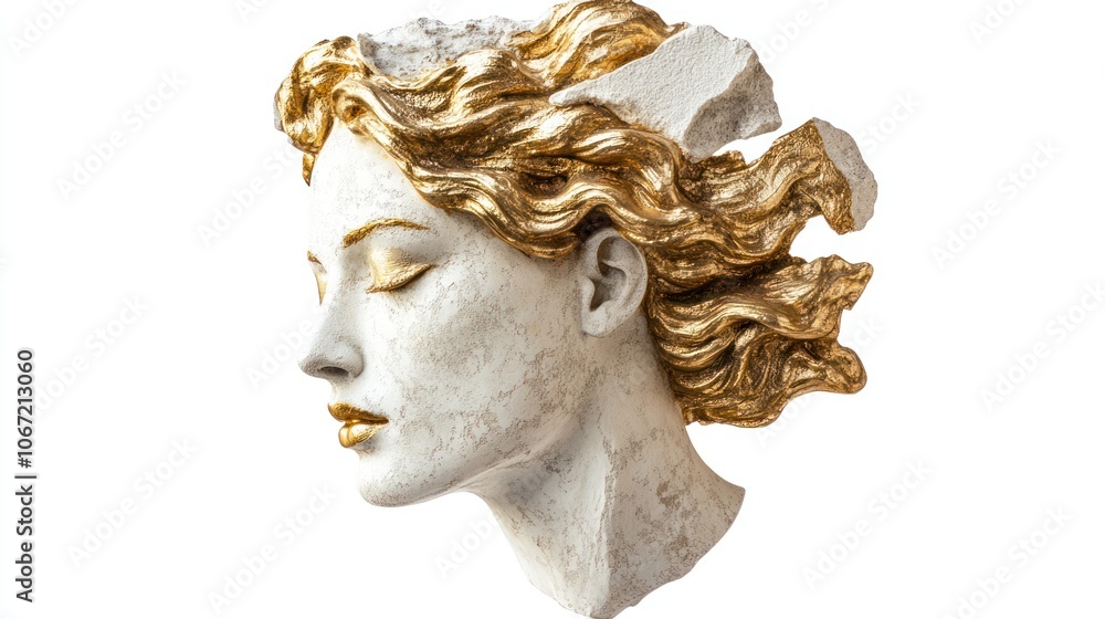 Elegant Venus head sculpture, golden accents on plaster, isolated on white for an ancient and graceful look Elegant Venus head sculpture, golden accents on plaster, isolated on white for an ancient and graceful look
