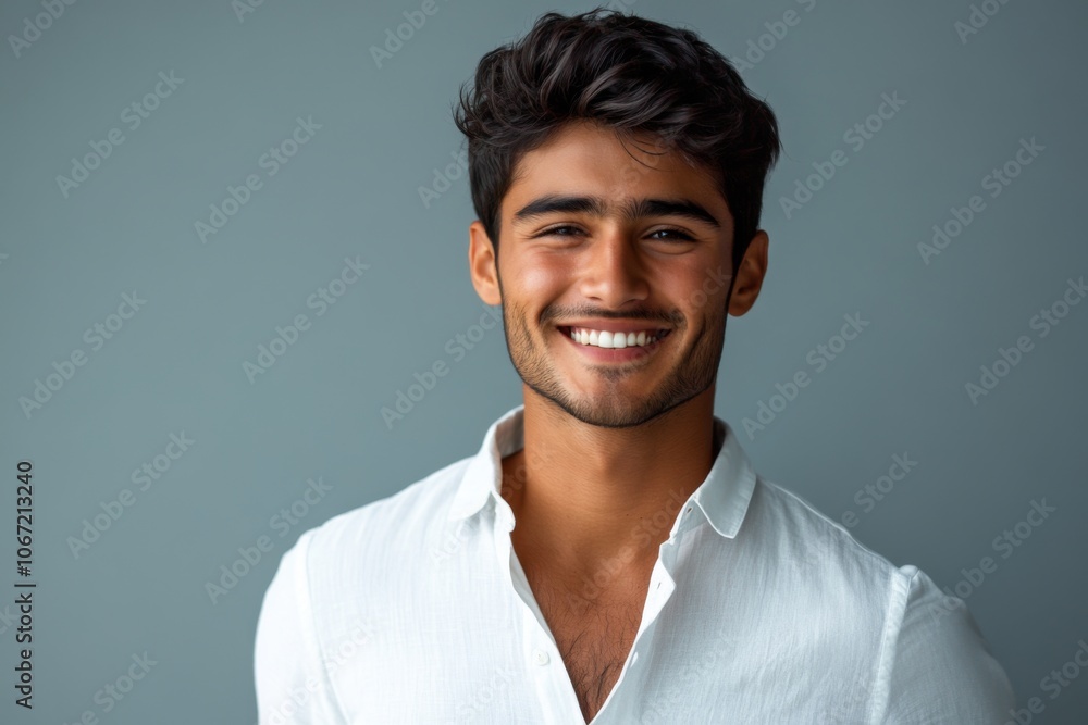 Fototapeta premium Handsome Young Man Smiling in White Shirt Against White Background, Cinematic Studio Portrait