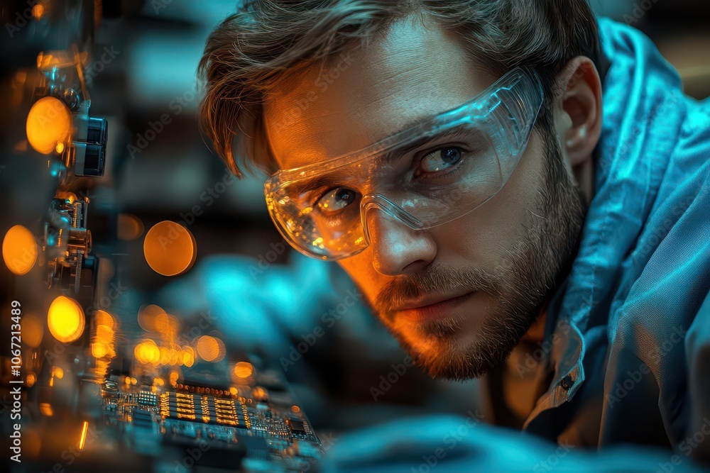 a dedicated scientist in coveralls meticulously examines a processor chip in a hightech laboratory illuminated by bright fluorescent lights showcasing the intersection of science and technology a dedicated scientist in coveralls meticulously examines a processor chip in a hightech laboratory illuminated by bright fluorescent lights showcasing the intersection of science and technology