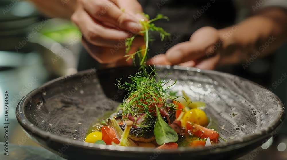 Experienced Chef Carefully Garnishing a Colorful Vegetarian Dish with Fresh Herbs and Spices in a Professional Kitchen Experienced Chef Carefully Garnishing a Colorful Vegetarian Dish with Fresh Herbs and Spices in a Professional Kitchen