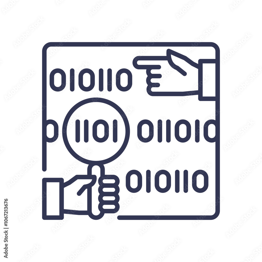 Binary code with hands pointing and magnifying, symbolizing data analysis. Binary code with hands pointing and magnifying, symbolizing data analysis.