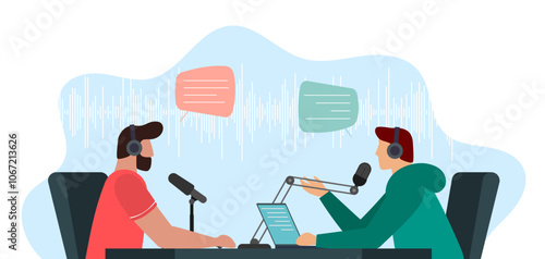 Two male persons recording audio discussion in online radio broadcast studio. Guest man podcast show interview with microphones and headphones. Live streaming channel podcasting and broadcasting media