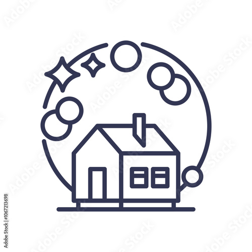 A clean house surrounded by bubbles and sparkles, symbolizing home cleaning and freshness.