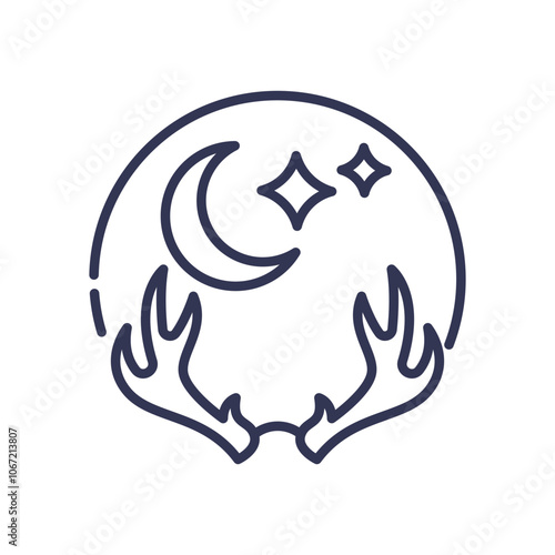Crescent moon and stars above antlers symbolize nocturnal life and nature's mystery.