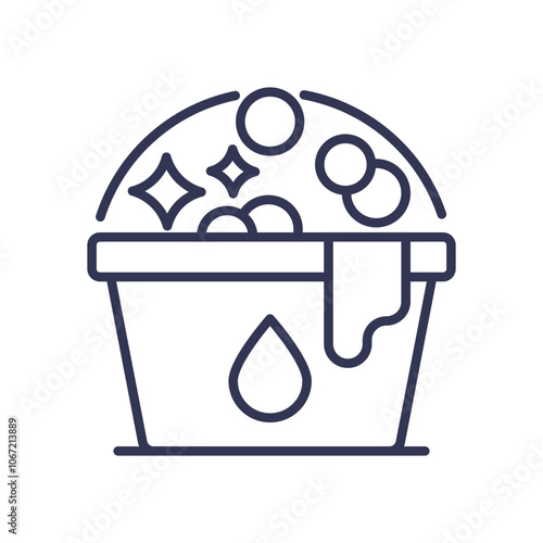 A bucket with bubbles and a towel symbolizes cleanliness and care.