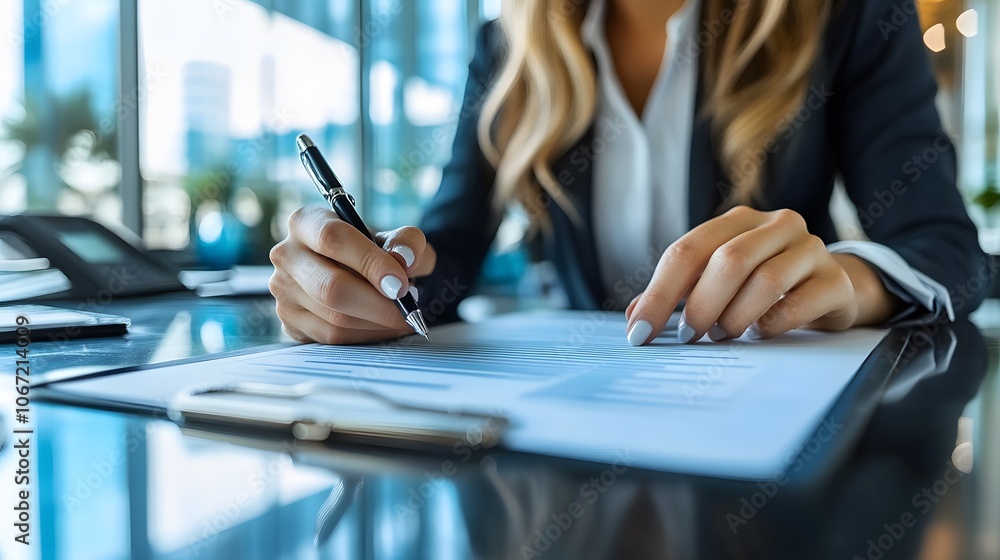 Woman preparing for a meeting, reviewing notes at her desk, professional environment, calm and focused Woman preparing for a meeting, reviewing notes at her desk, professional environment, calm and focused