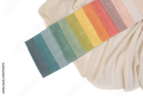 Bright colorful fabric with texture for home decor. Fabric samples for curtains and tulles photo