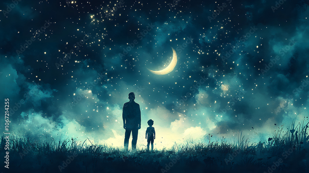 A Magical Night: A Father and Son's Starry Adventure in Minimalistic Watercolor Illustration A Magical Night: A Father and Son's Starry Adventure in Minimalistic Watercolor Illustration
