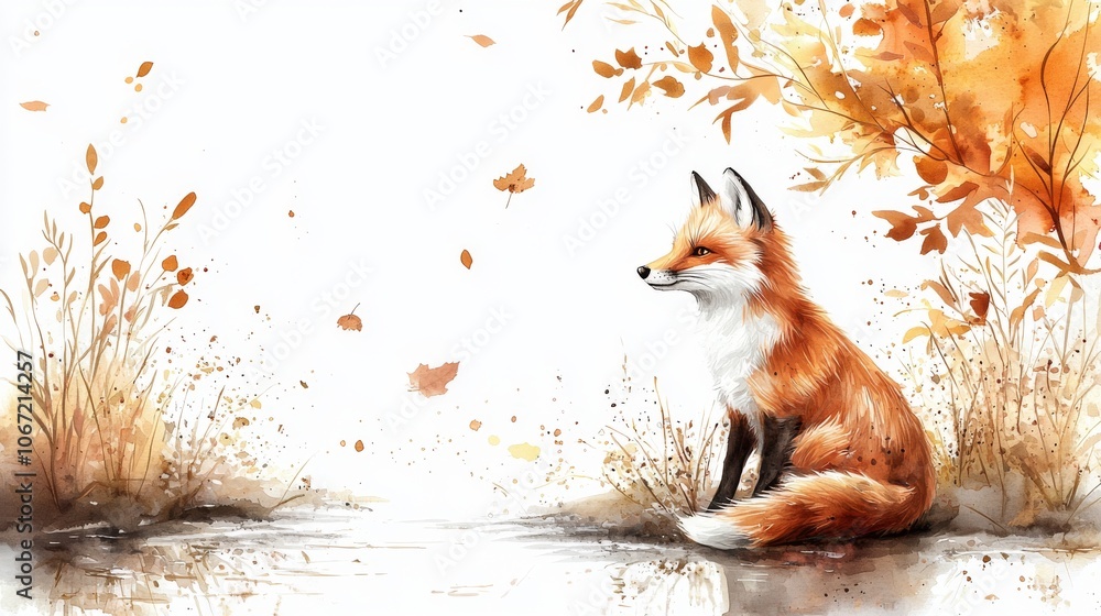 Obraz premium Charming Watercolor Fox by a Tranquil Riverbank