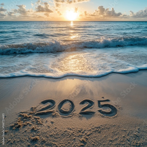 "2025" written in sand on tropical beach with turquoise waves and sunset, calm and serene vacation vibe.