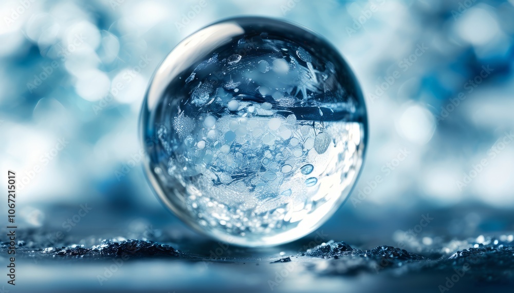 transparent round glass ball on blue background, close up view transparent round glass ball on blue background, close up view