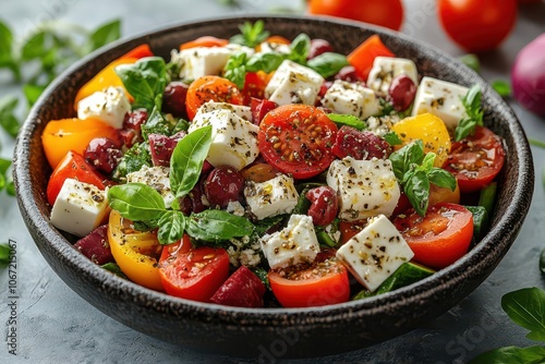 a delightful greek salad artfully arranged and isolated against a pristine white background showcasing the vibrant colors and textures of fresh ingredients evoking a sense of health and flavor