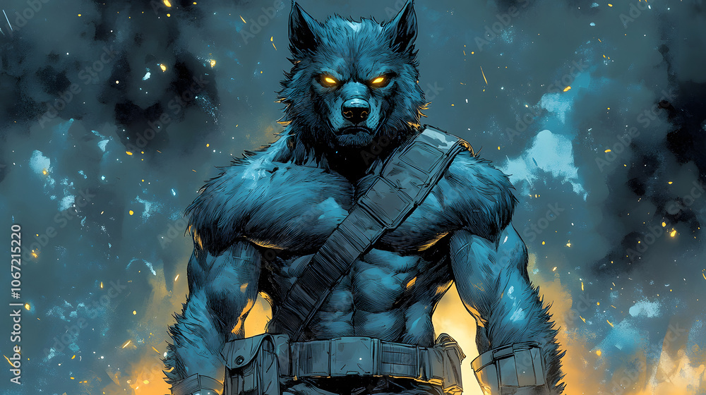 Fototapeta premium Hyperrealistic Comic Book Style Werewolf Ready for Battle with Intense Expression and Muscular Physique