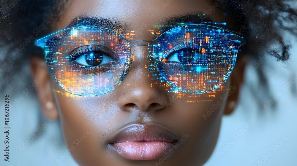 Young professional woman working on software development, high-tech office, determined expression, coding screens Young professional woman working on software development, high-tech office, determined expression, coding screens