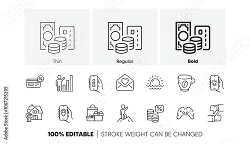 Gamepad, Coffee and Cashback line icons. Pack of Delivery man, Graph chart, Money tax icon. Like, Support, Shopping pictogram. Leadership, Credit card, Location app. Electric app, Sunset. Vector