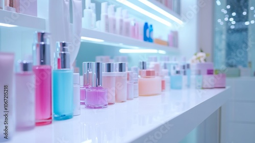 a white clean table with a lot of bright cosmetic products on it