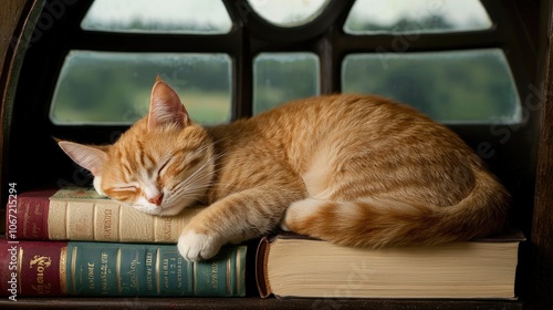 Wallpaper Mural Cozy Cat Asleep on Stack of Books Torontodigital.ca