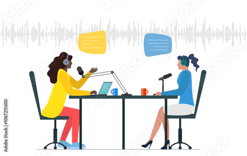 Black person and white woman recording audio discussion in online radio broadcast studio. Female guest interview with microphones on podcast. Live streaming channel podcasting and broadcasting show