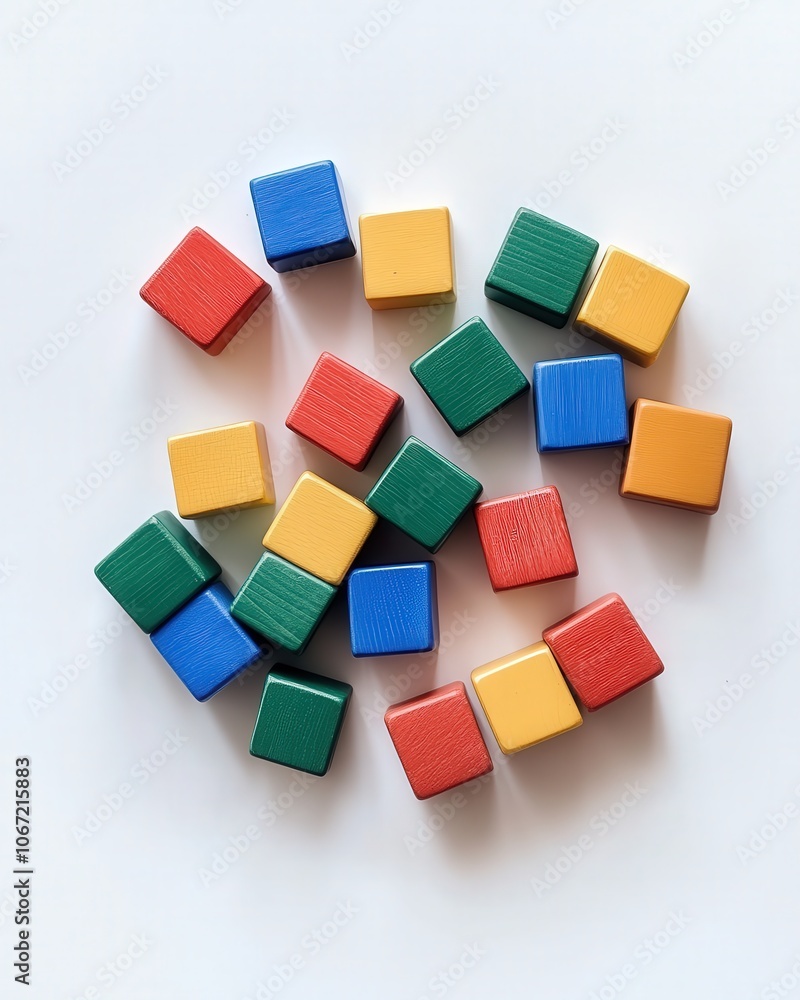 Scattered colorful wooden blocks on a white background, showcasing simplicity and educational play for young children Scattered colorful wooden blocks on a white background, showcasing simplicity and educational play for young children