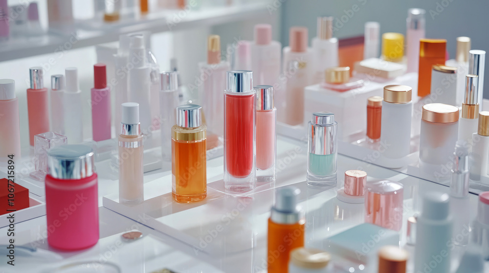 a white clean table with a lot of bright cosmetic products on it a white clean table with a lot of bright cosmetic products on it