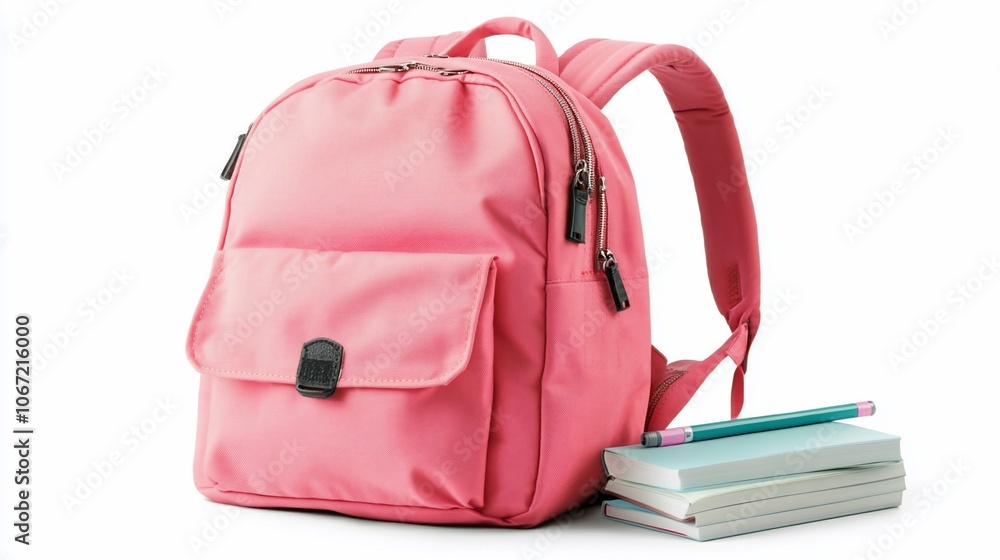 Pink backpack with books and a pencil on a white background. Pink backpack with books and a pencil on a white background.
