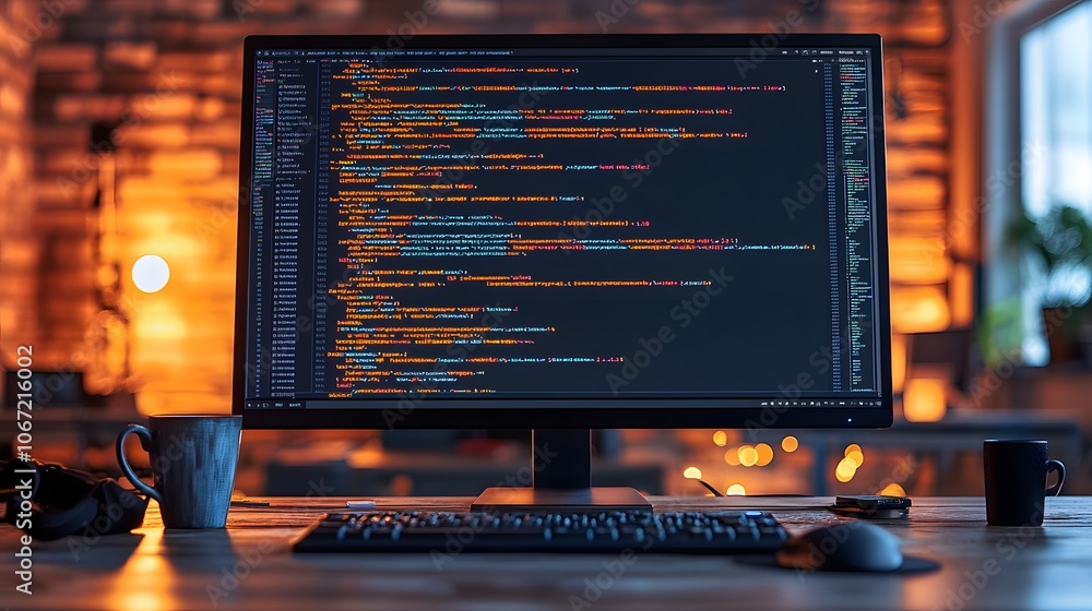 Woman coding in high-tech office, creative workspace, intense programming focus, code on large monitor Woman coding in high-tech office, creative workspace, intense programming focus, code on large monitor