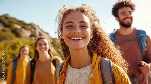 Happy Friends Hiking in Nature Smiling Together