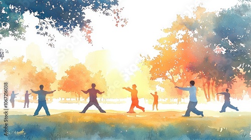 A serene watercolor painting depicts a group practicing tai chi in a sunlit park, surrounded by lush greenery and a peaceful atmosphere.