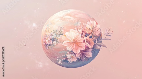 Floral Planet Design - Fantasy planet covered with pastel floral designs and gentle cosmic vibes. photo