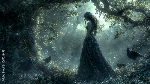 A Captivating Illustration of Medea in a Mystical Forest, Embodying Betrayal and Revenge under the Moonlight