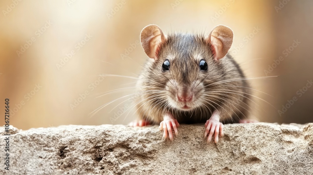 Rat in the wall of an old house. The rat is on top and peeking out from behind the concrete brick, an common domestic rodent animal near a home with dirty fur. Rat in the wall of an old house. The rat is on top and peeking out from behind the concrete brick, an common domestic rodent animal near a home with dirty fur.