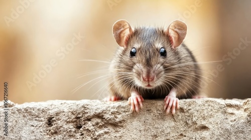 Rat in the wall of an old house. The rat is on top and peeking out from behind the concrete brick, an common domestic rodent animal near a home with dirty fur.