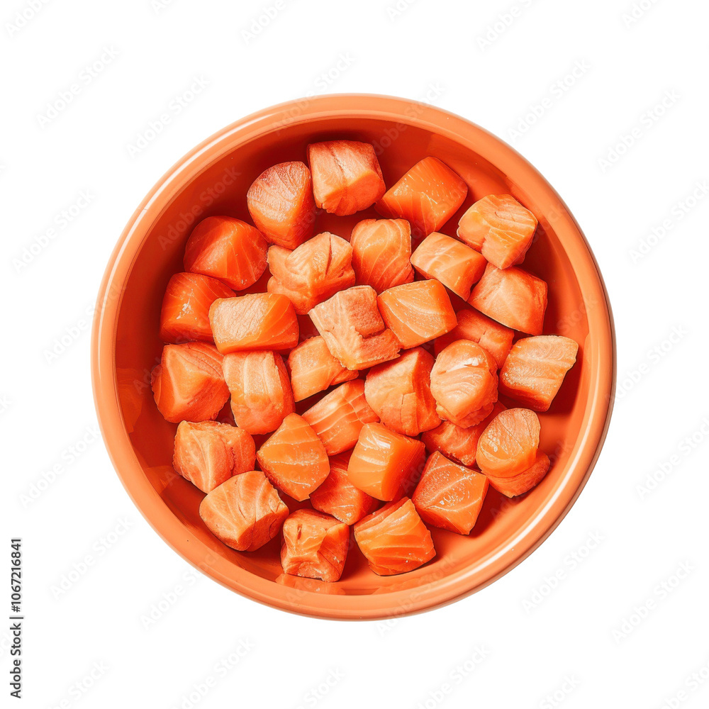 Fresh salmon chunks in an orange bowl on a white background. Fresh salmon chunks in an orange bowl on a white background.