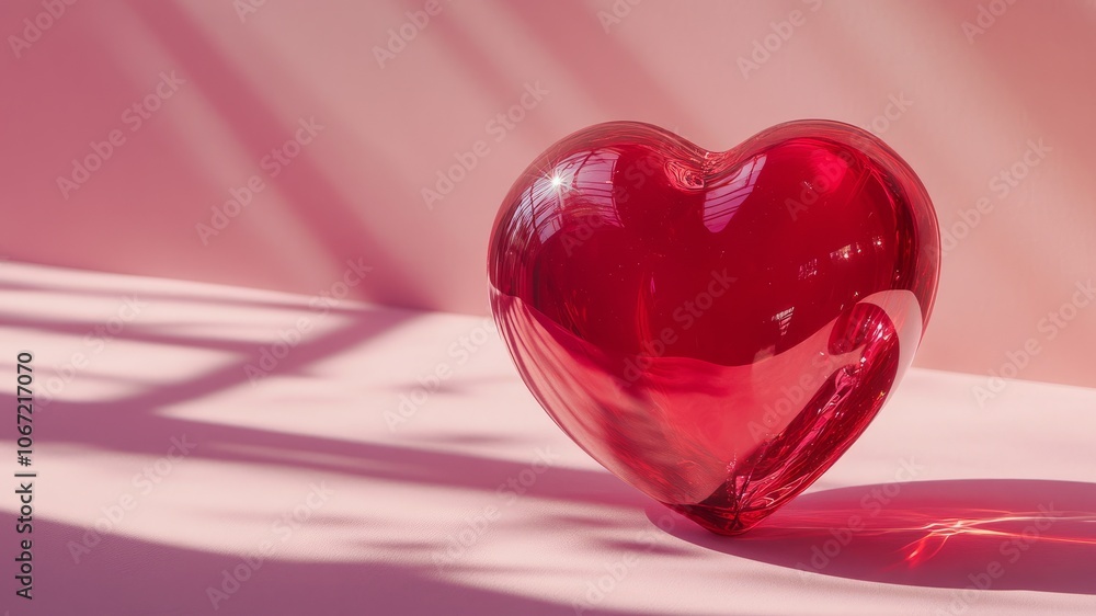 red glass heart lies on aesthetic pink background red glass heart lies on aesthetic pink background