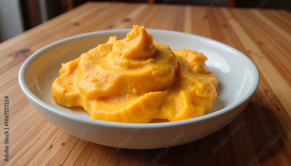 Creamy mashed sweet potatoes in white bowl on wooden table Creamy mashed sweet potatoes in white bowl on wooden table