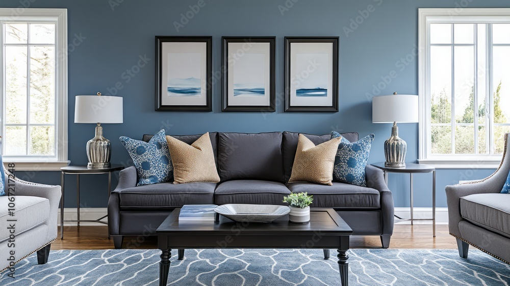 Living Room Interior Design with Grey Sofa, Blue Pillows and a Coffee Table Living Room Interior Design with Grey Sofa, Blue Pillows and a Coffee Table