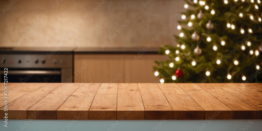 Empty wood kitchen table top for product display. Background with modern kitchen with christmas tree and lights for product montage, mock-up, banner with copy space. Merry Christmas or New Year Empty wood kitchen table top for product display. Background with modern kitchen with christmas tree and lights for product montage, mock-up, banner with copy space. Merry Christmas or New Year