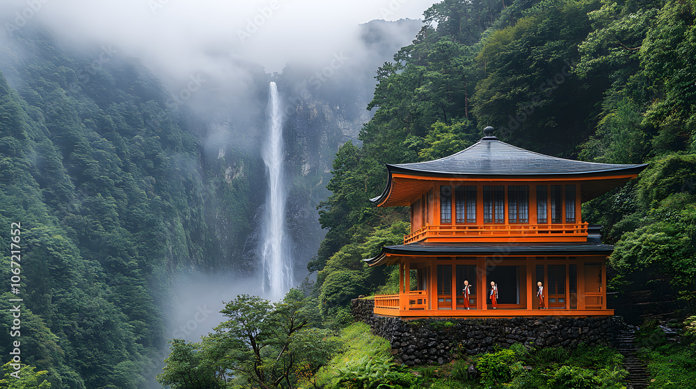 A Breathtaking and Vibrant Scene of a Majestic Waterfall Surrounded by Lush Forest and Serene Figures Admiring the Natural Beauty A Breathtaking and Vibrant Scene of a Majestic Waterfall Surrounded by Lush Forest and Serene Figures Admiring the Natural Beauty