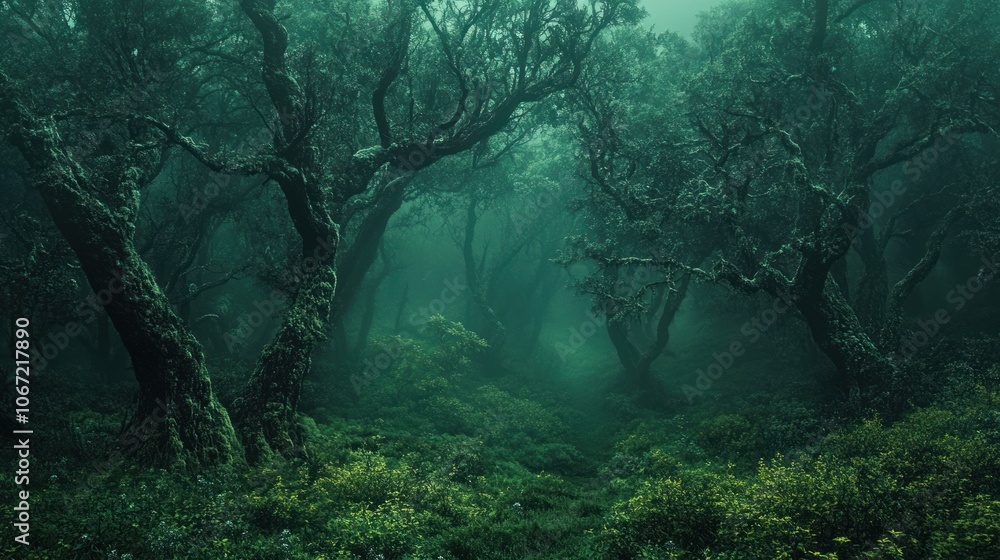 Fototapeta premium Foggy Forest Photography - Dense forests blanketed in mist, adding mystery and depth to lush, green landscapes.