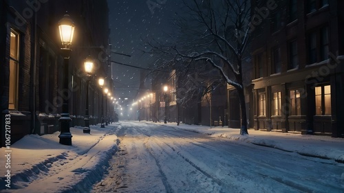 Snowy City Street at Night | Winter Cityscape with Snowfall | City Lights in the Snow | Snowy Street with Lampposts | Wintery City Scene