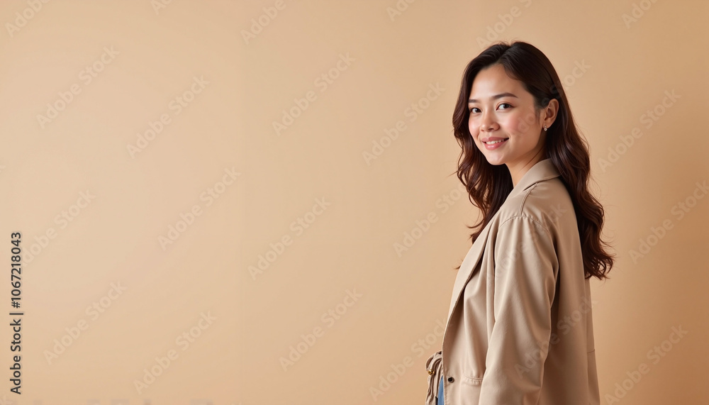 Smiling woman in beige jacket against neutral background Smiling woman in beige jacket against neutral background