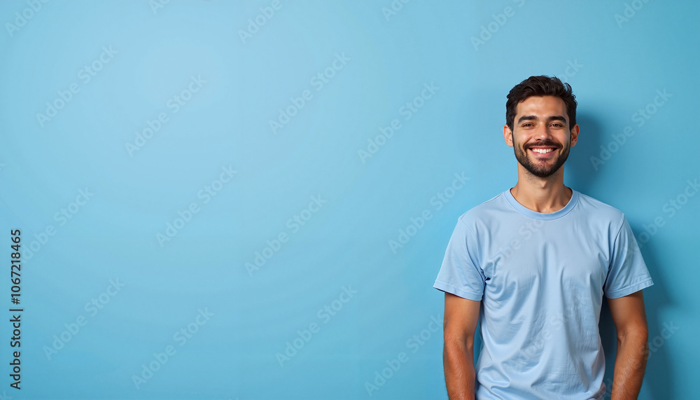 Fototapeta premium Smiling man in blue shirt against turquoise background