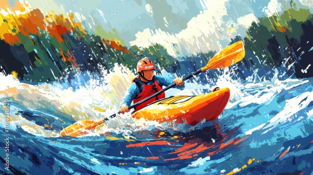 Fototapeta premium Adventurous Kayaker Paddling Through Wild Rapids