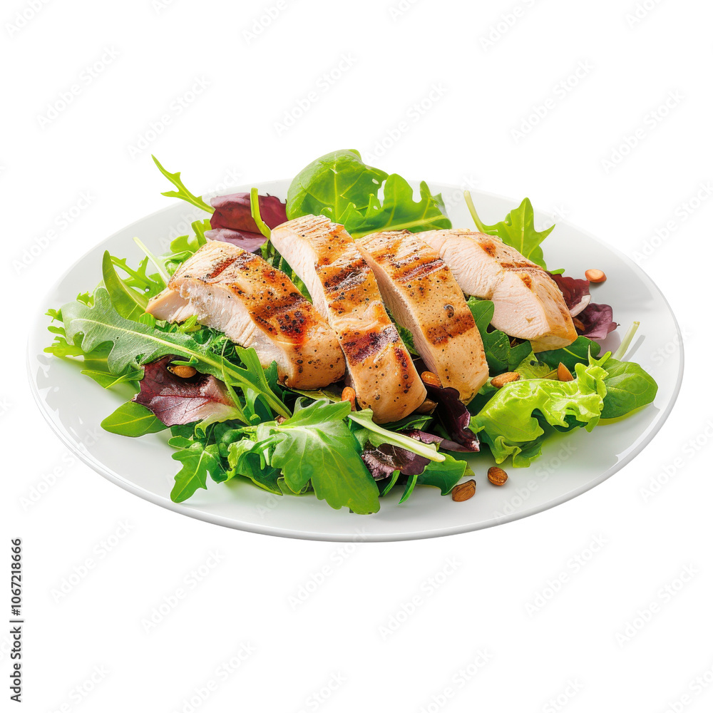 Grilled chicken salad with fresh greens on a white plate. Grilled chicken salad with fresh greens on a white plate.
